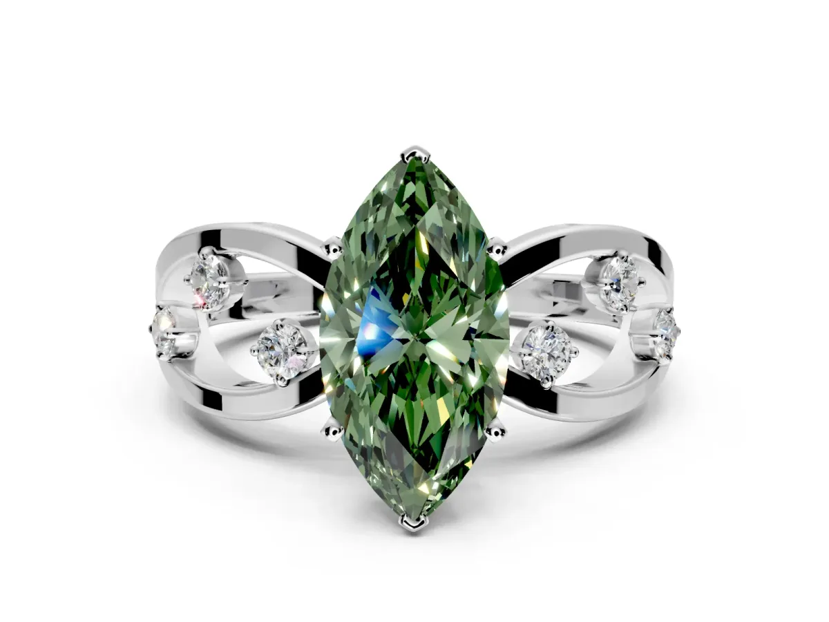 Solitaire Engagement Ring Setting for Fancy Green Marquise Center with Criss-Cross Accent Band and Prong Head in Sterling Silver