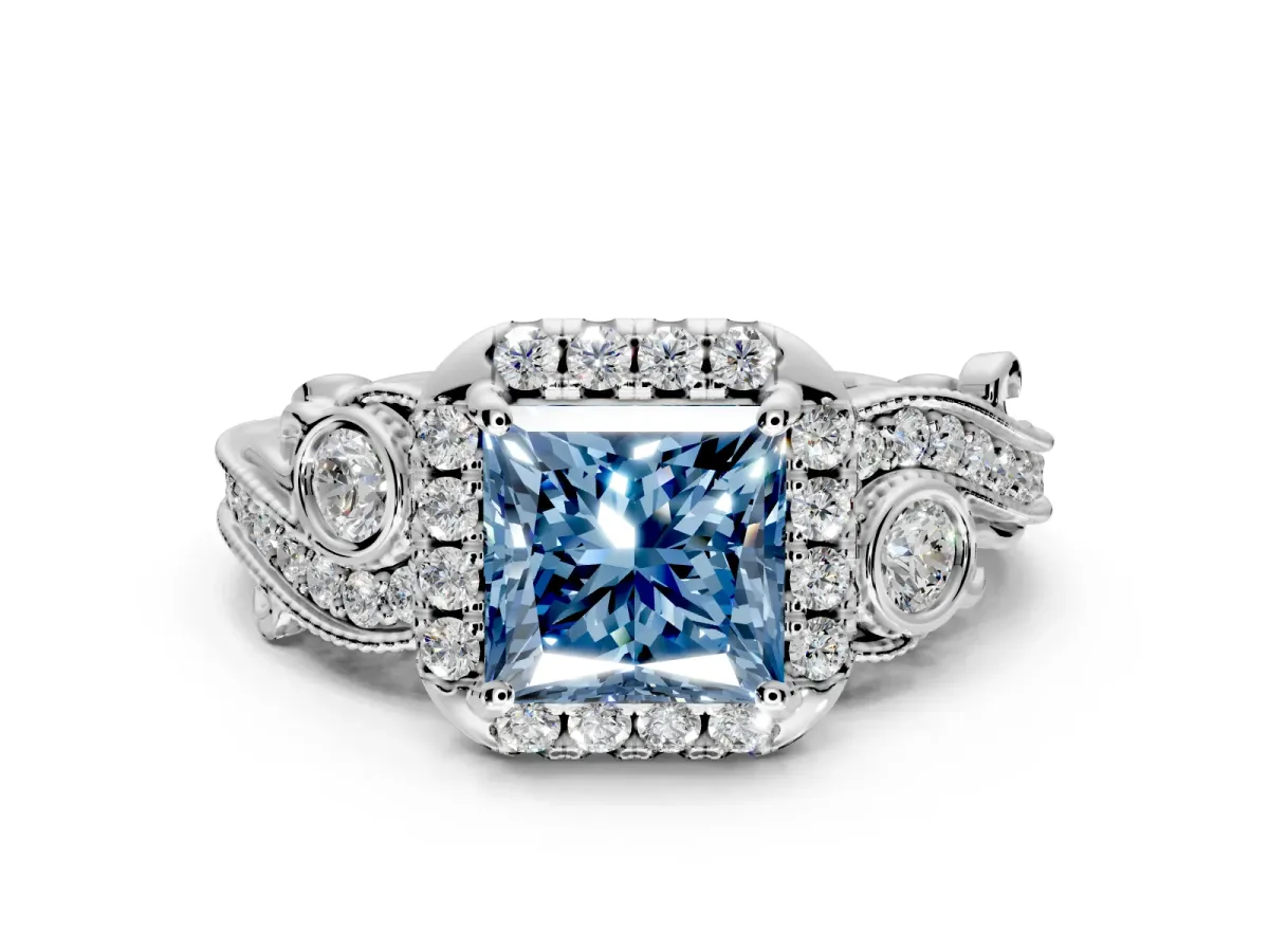 Milgrain Halo Engagement Ring Setting for Fancy Blue Princess Cut Center with Shoulder Bezels and Prong Head in White Gold