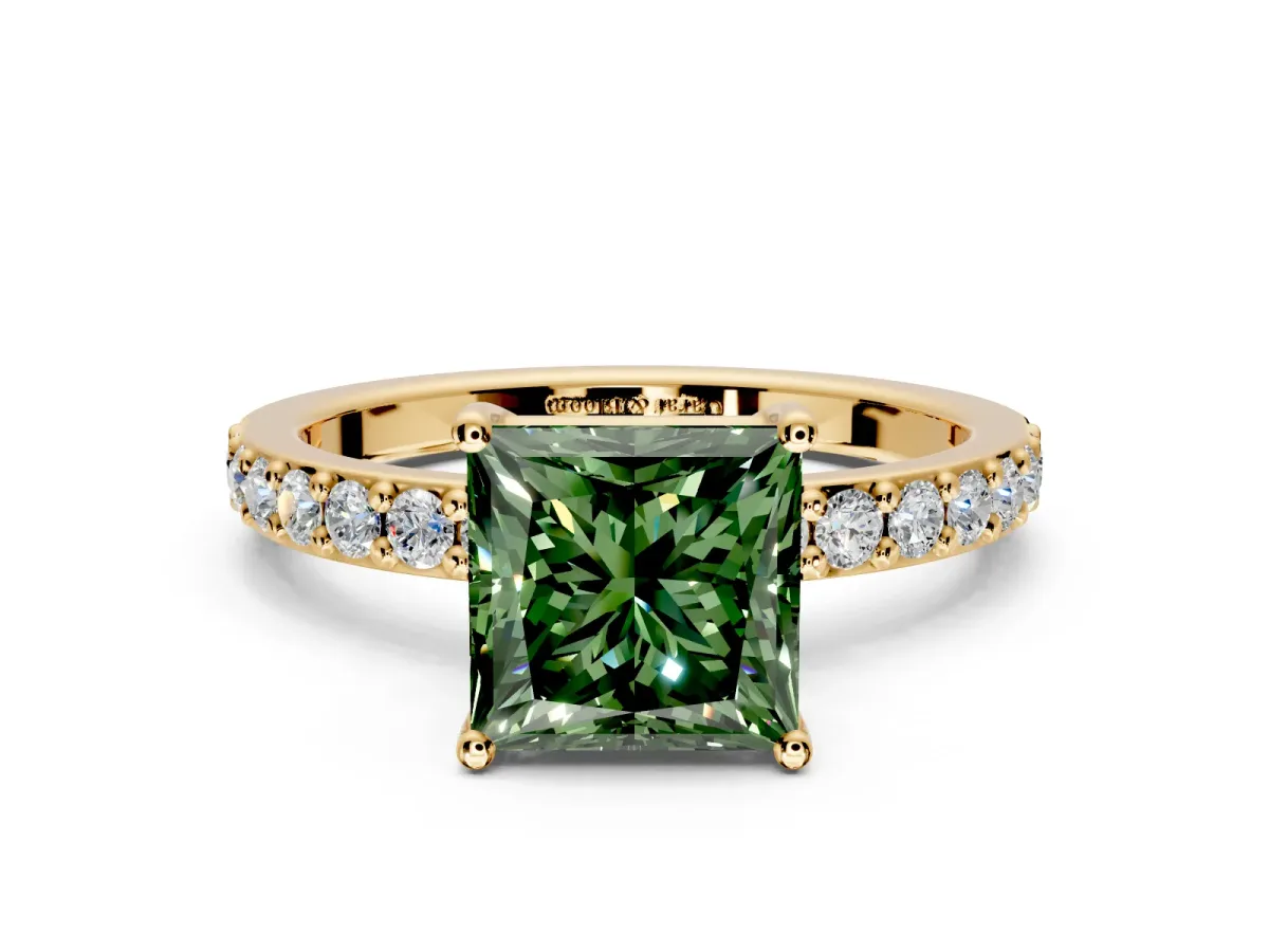 Solitaire Engagement Ring Setting for Fancy Green Princess Cut Center with Round Cut Pave Band and Prong Head in Yellow Gold