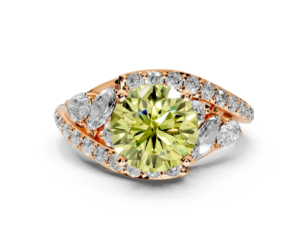 Halo Engagement Ring Setting for Fancy Yellow Round Cut Center with Marquise and Pave Bypass Band and Prong Head in Rose Gold