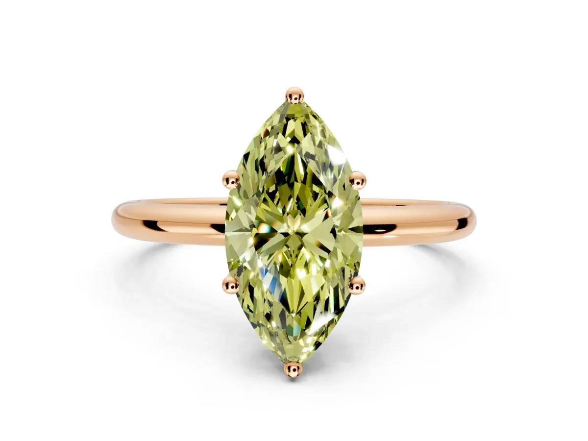 Hidden Halo Engagement Ring Setting for Fancy Yellow Marquise Center with Thin Round-Wire Band and Prong Head in Rose Gold