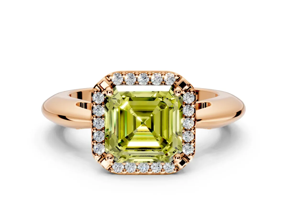 Halo Engagement Ring Setting for Fancy Yellow Asscher Cut Center with Tapered Plain Band and Prong Head in Rose Gold