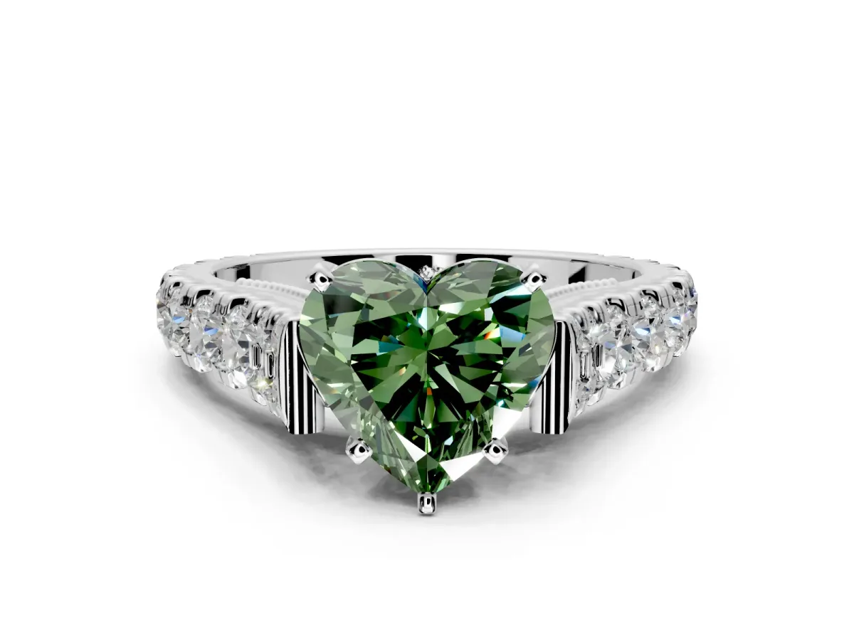 Solitaire Engagement Ring Setting for Fancy Green Heart-Shaped Center with Pave Cathedral Shoulders and Prong Head in Sterling Silver