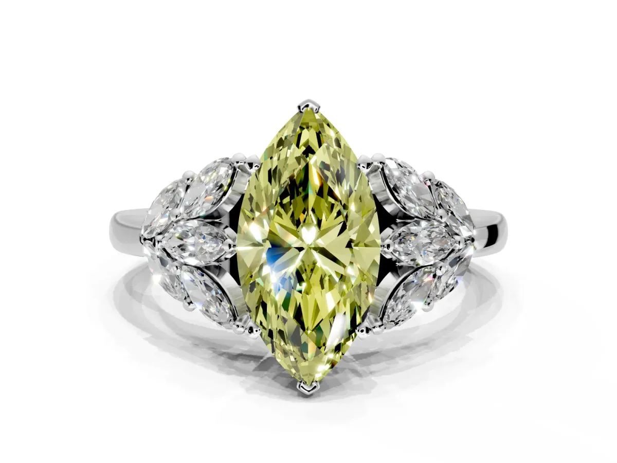 Leaf Cluster Engagement Ring Setting for Fancy Yellow Marquise Center with Marquise Accents and Prong Head in Platinum