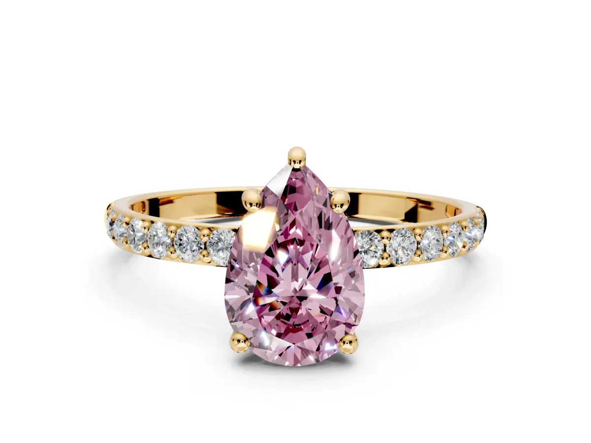 Solitaire Engagement Ring Setting for Fancy Pink Pear-Shaped Center with Pave Accents and Prong Head in Yellow Gold