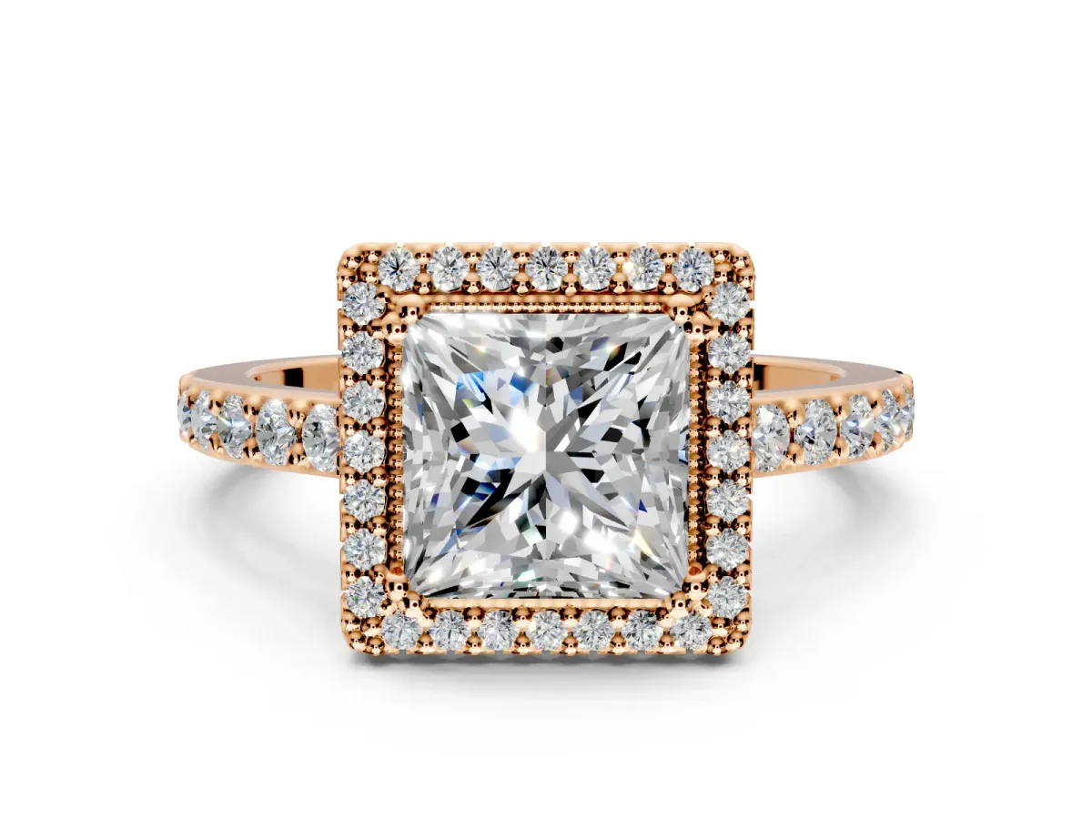 Halo Engagement Ring Setting for Princess Cut Center with Inner Milgrain Border and Prong Head in Rose Gold