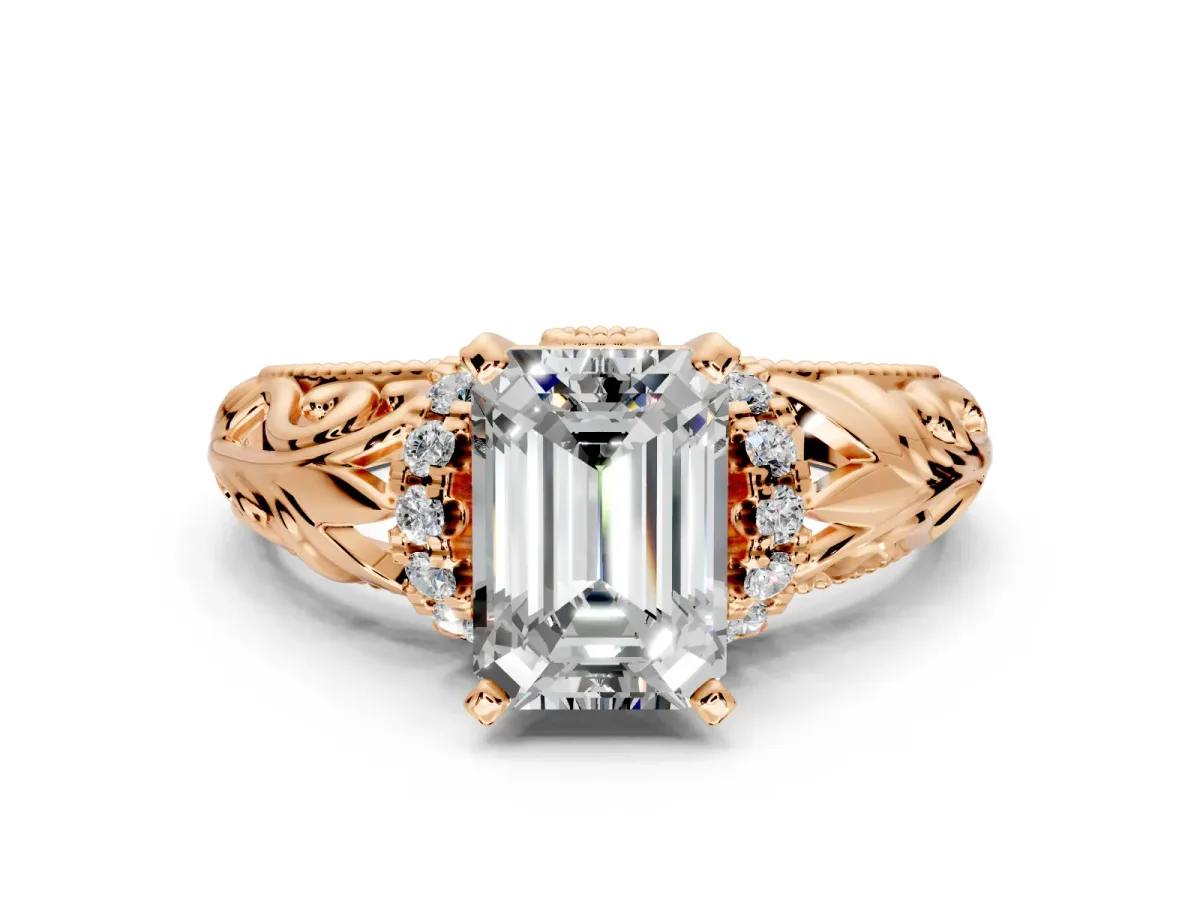Solitaire Engagement Ring Setting for Emerald Cut Center with Filigree Accent Basket and Prong Head in Rose Gold