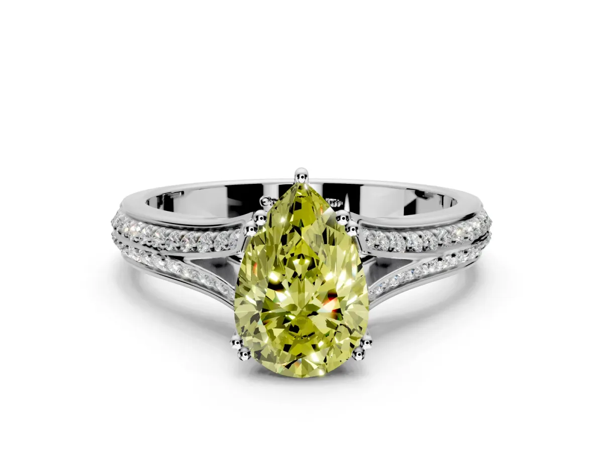 Solitaire Engagement Ring Setting for Fancy Yellow Pear-Shaped Center with Pave Rail Split Shank and Prong Head in Sterling Silver