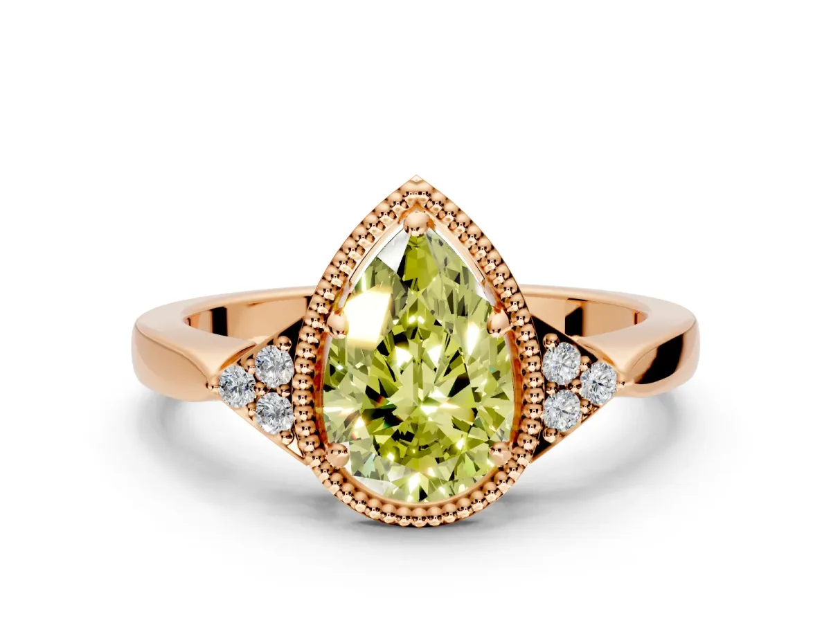 Cluster Engagement Ring Setting for Fancy Yellow Pear-Shaped Center with Milgrain Shoulder Clusters and Prong Head in Rose Gold