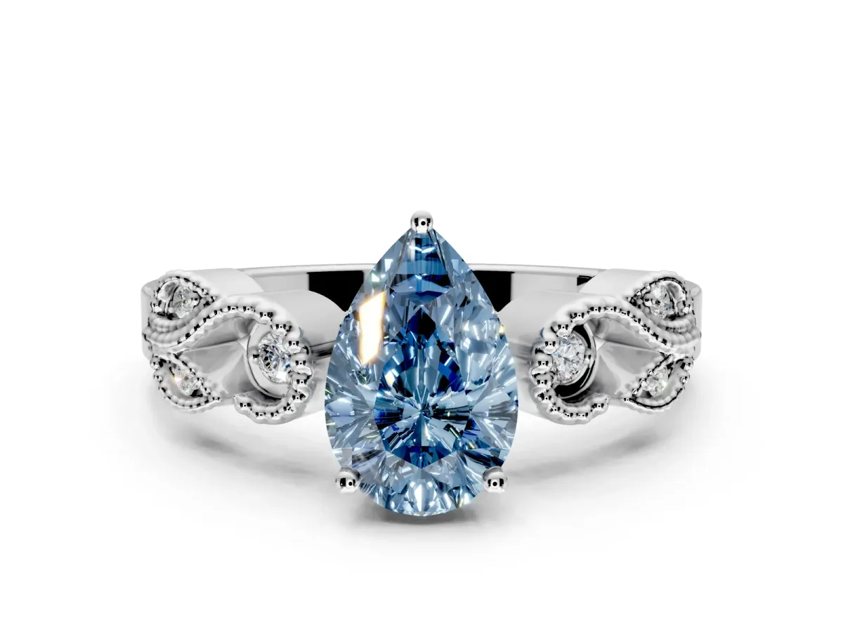 Leaf Engagement Ring Setting for Fancy Blue Pear-Shaped Center with Milgrain Accent Band and Prong Head in White Gold