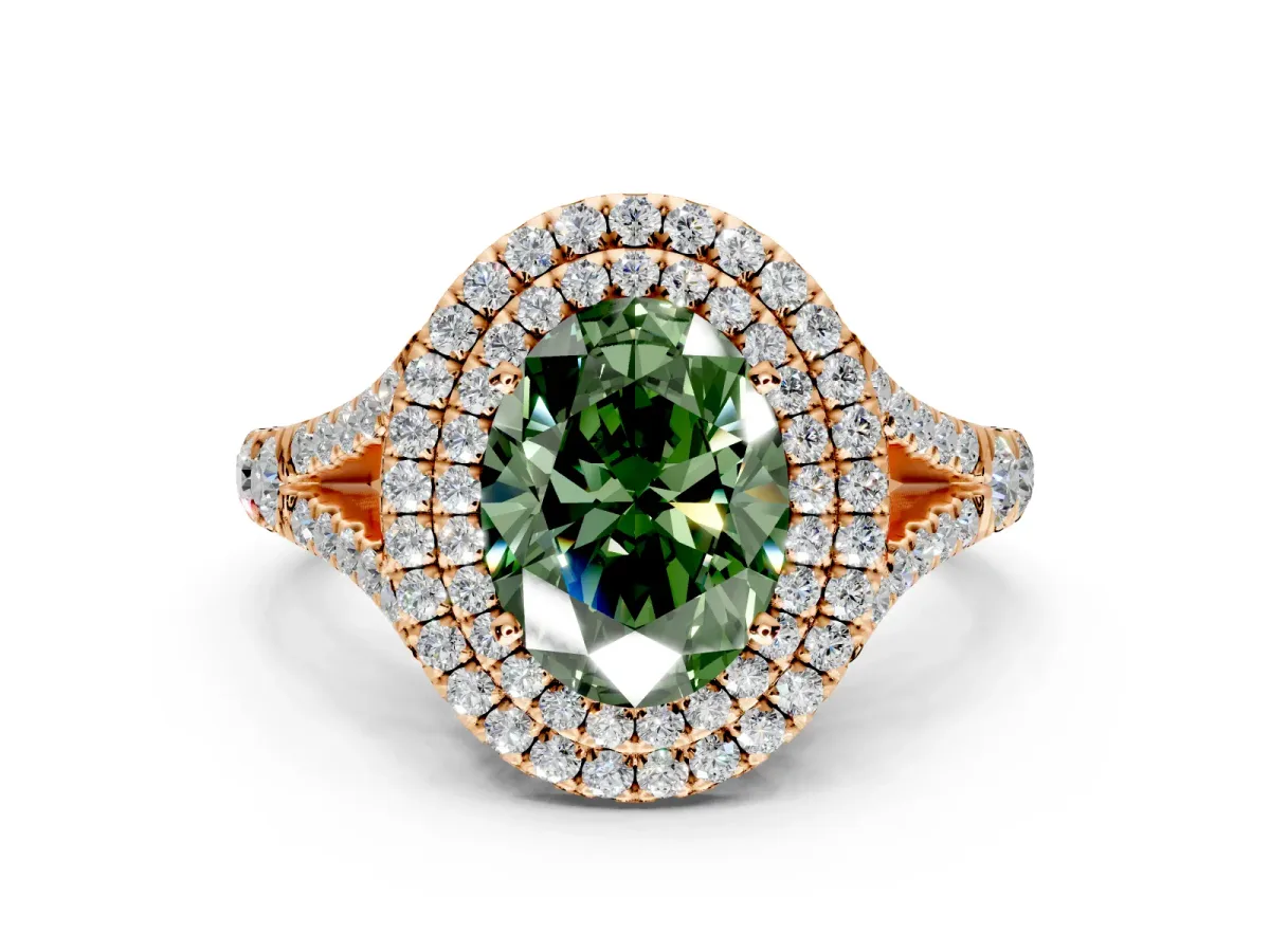 Double Halo Engagement Ring Setting for Fancy Green Oval Center with Narrow Pave Split Shank and Prong Head in Rose Gold