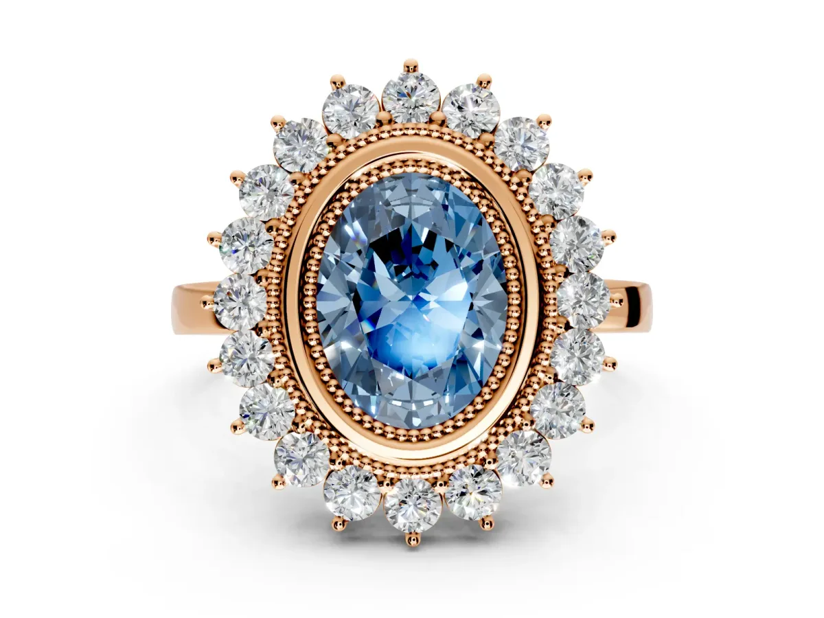 Halo Engagement Ring Setting for Fancy Blue Oval Center with Milgrain Bezel Rim, Plain Band and Prong Head in Rose Gold
