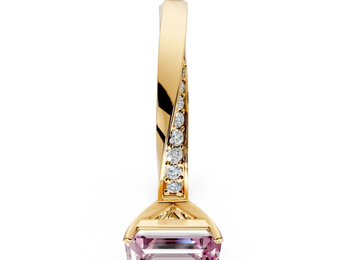 Side Accent Engagement Ring Setting for Fancy Pink Emerald Cut Center with Accent Shoulders and Prong Head in Yellow Gold