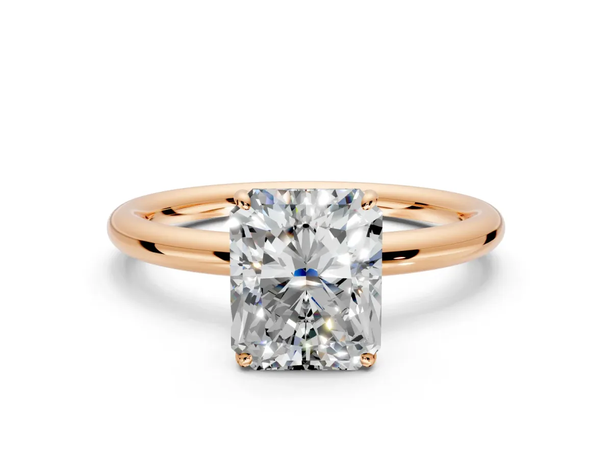 Low-Set Solitaire Engagement Ring Setting for Radiant Cut Center with Thin Plain Band and Prong Head in Rose Gold