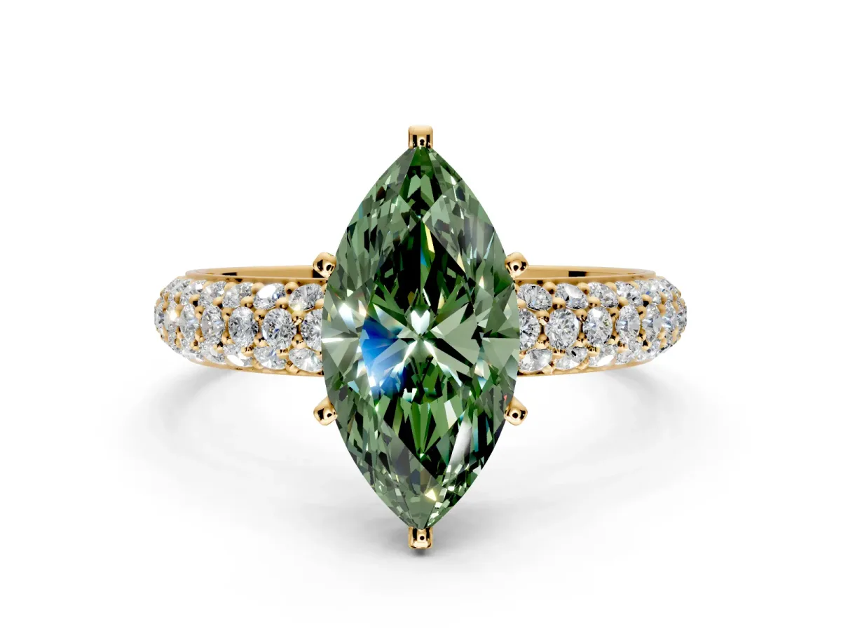 Solitaire Engagement Ring Setting for Fancy Green Marquise Center with Domed Multi-Row Pave Band and Prong Head in Yellow Gold