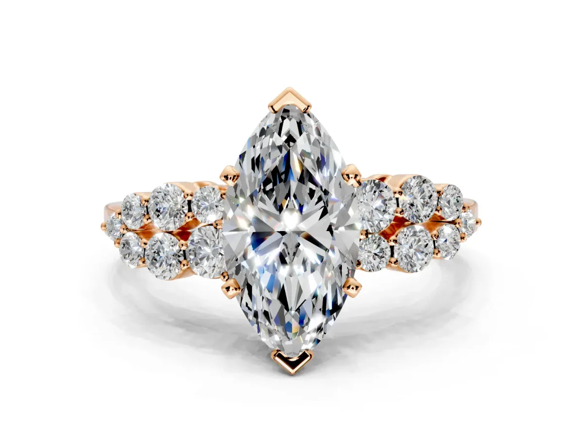 Cluster Engagement Ring Setting for Marquise Center with 2-Row Shoulder Clusters and Prong Head in Rose Gold