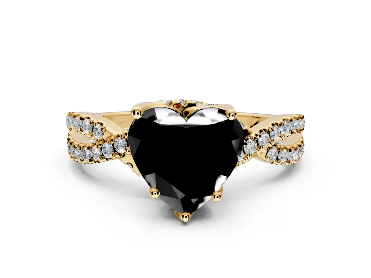 Solitaire Engagement Ring Setting for Fancy Black Heart-Shaped Center with Narrow Twist Pave Band and Prong Head in Yellow Gold