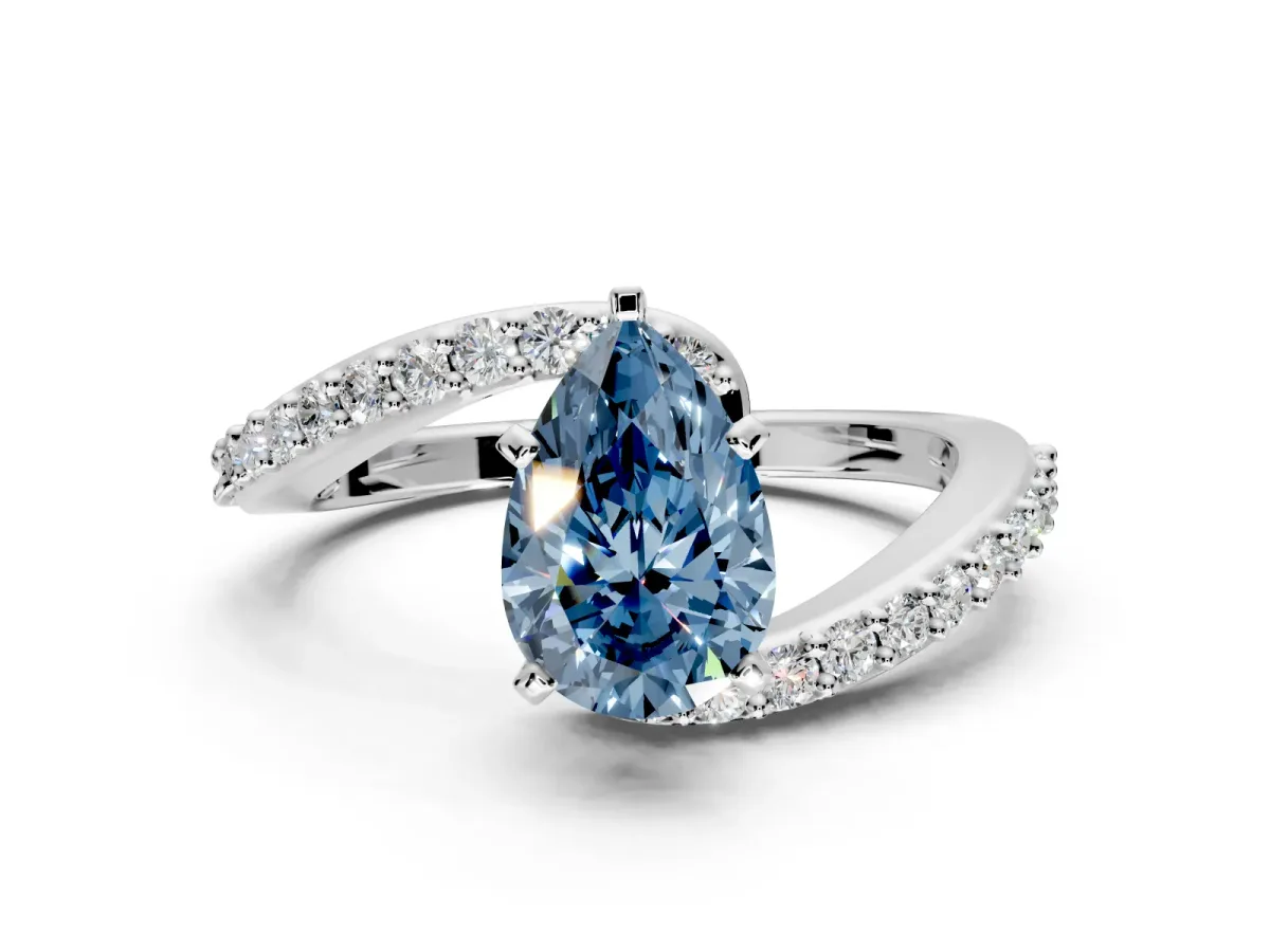 Solitaire Engagement Ring Setting for Fancy Blue Pear-Shaped Center with Pave Bypass Swirl Band and Prong Head in White Gold
