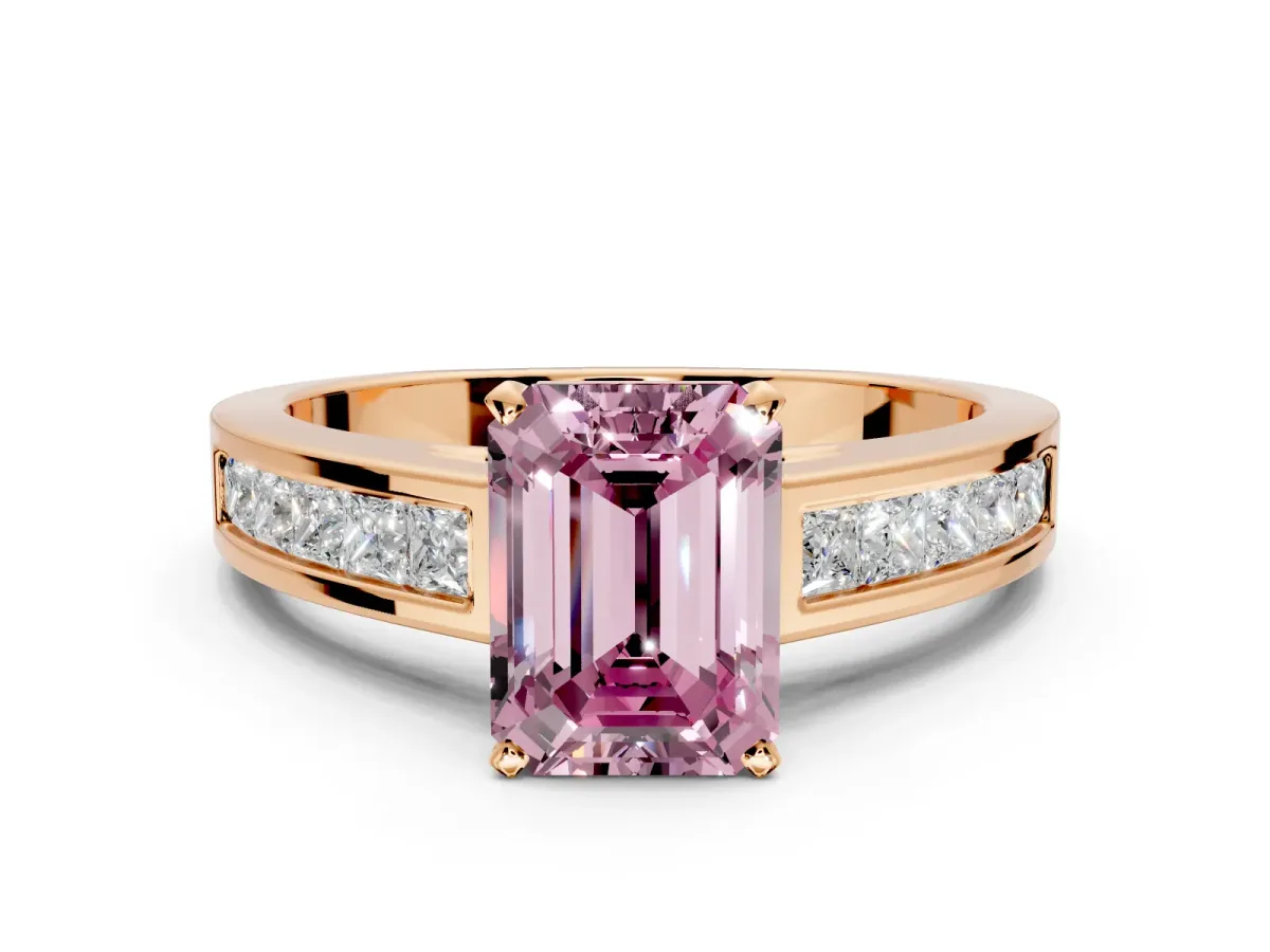 Solitaire Engagement Ring Setting for Fancy Pink Emerald Cut Center with Princess Cut Channel Band and Prong Head in Rose Gold