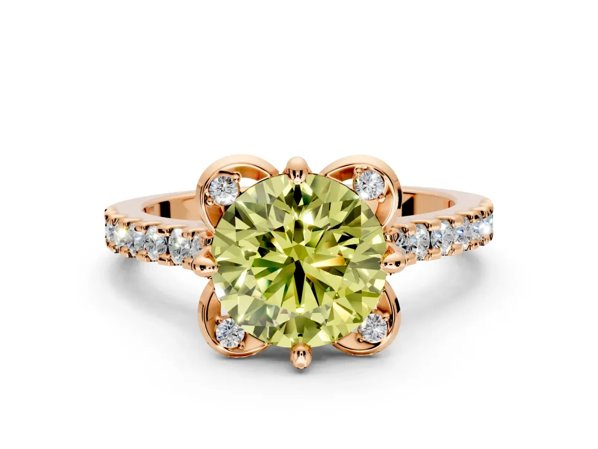 Floral Engagement Ring Setting for Fancy Yellow Round Cut Center with Pave Band and Floral Prong Head in Rose Gold