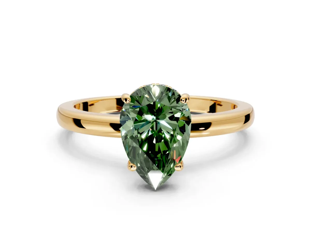 Solitaire Engagement Ring Setting for Fancy Green Pear-Shaped Center with Fine Wire Band and Prong Head in Yellow Gold