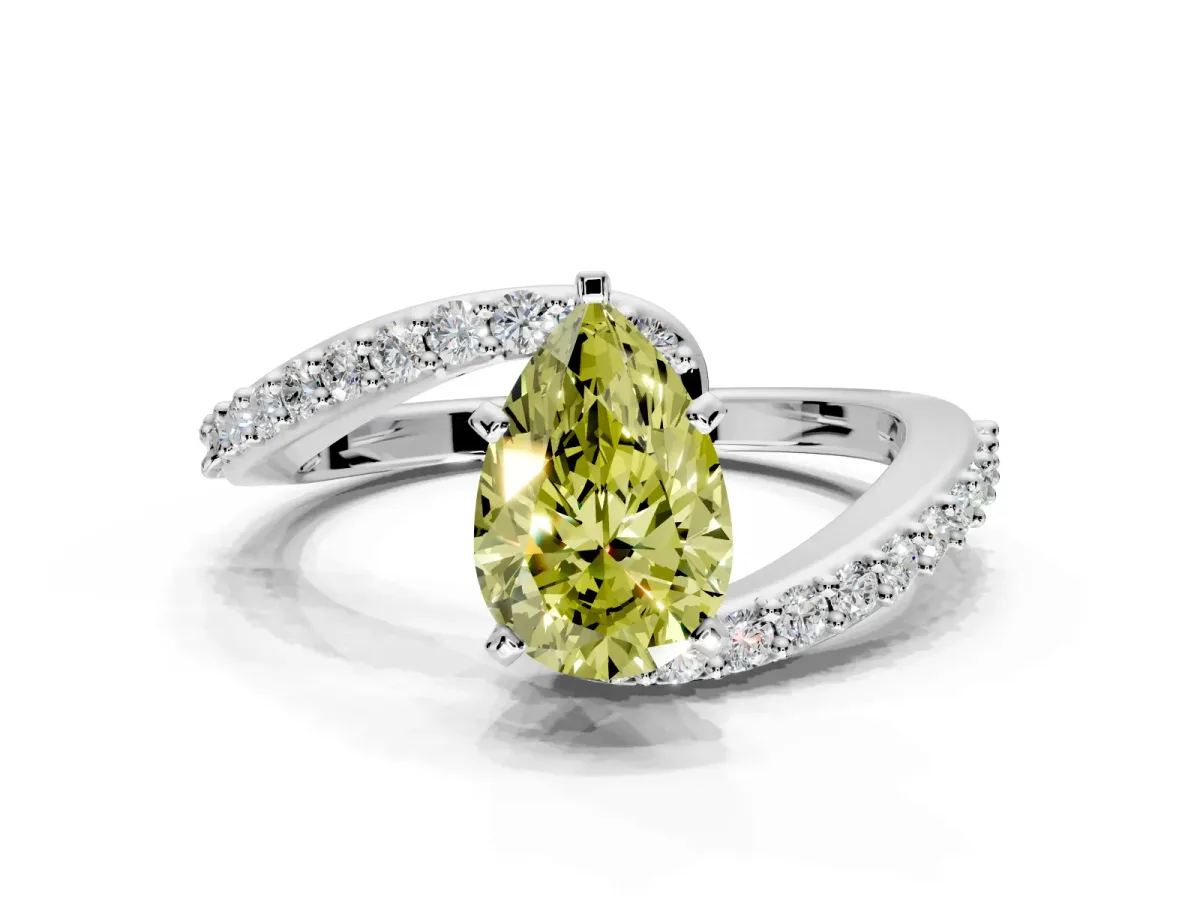 Solitaire Engagement Ring Setting for Fancy Yellow Pear-Shaped Center with Pave Bypass Swirl Band and Prong Head in White Gold