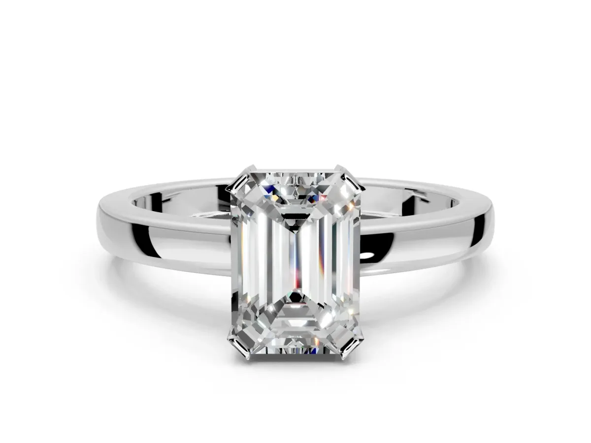 Solitaire Engagement Ring Setting for Emerald Cut Center with Plain Band and Flat Tab Prong Head in Platinum
