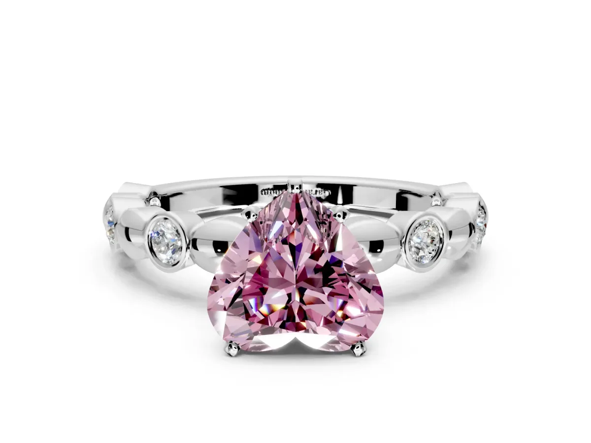 Solitaire Engagement Ring Setting for Fancy Pink Heart-Shaped Center with Beaded Bezel Station Band and Prong Head in Platinum