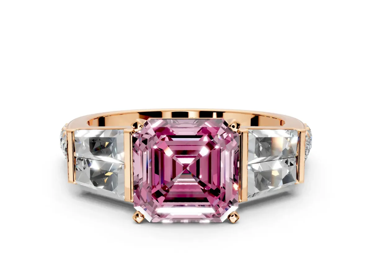 Channel-Set Engagement Ring Setting for Fancy Pink Asscher Cut Center with Baguette Band and Prong Head in Rose Gold