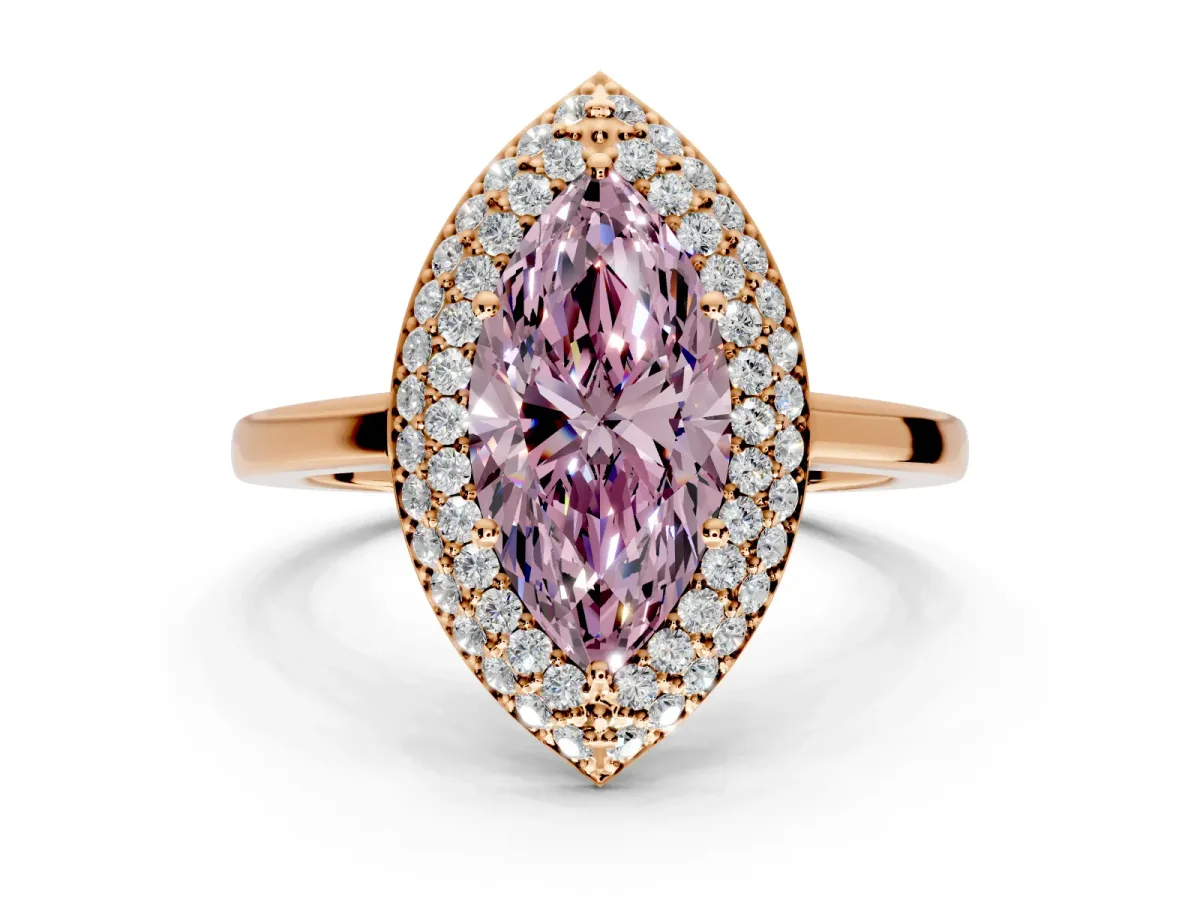 Halo Engagement Ring Setting for Fancy Pink Marquise Center with Plain Tapered Band and Prong Head in Rose Gold