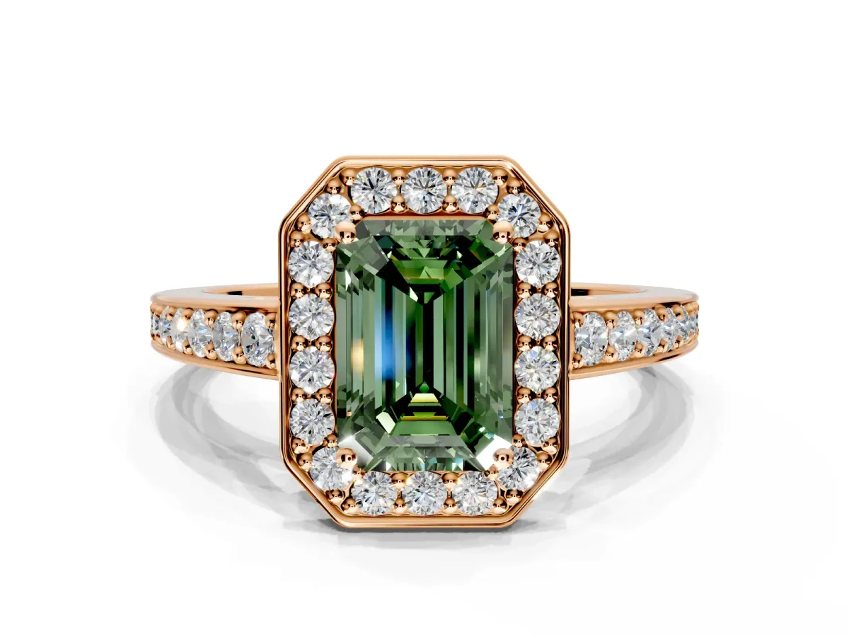 Bezel-Framed Halo Engagement Ring Setting for Fancy Green Emerald Cut Center with Pave Band and Prong Head in Rose Gold