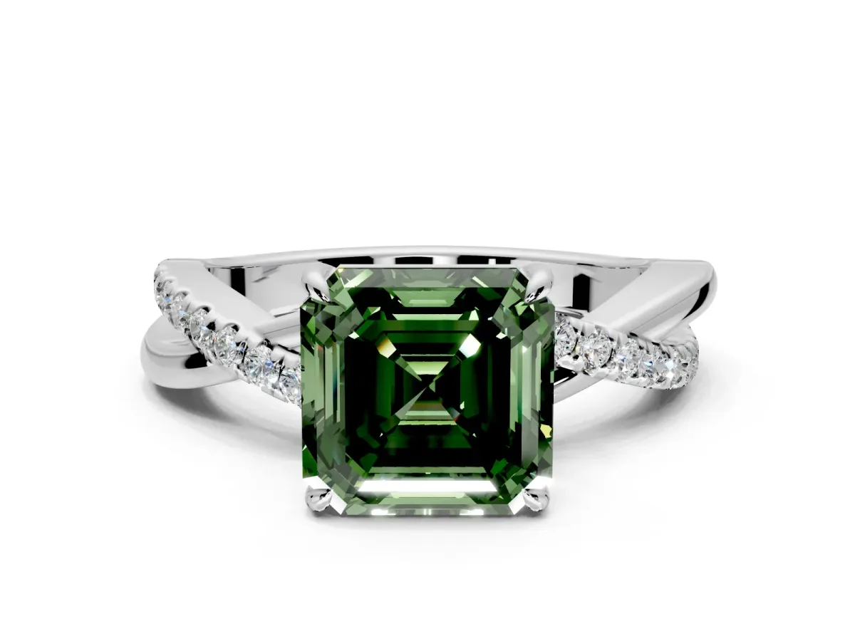 Crossover Engagement Ring Setting for Fancy Green Asscher Cut Center with Pave and Plain Strands and Prong Head in Platinum