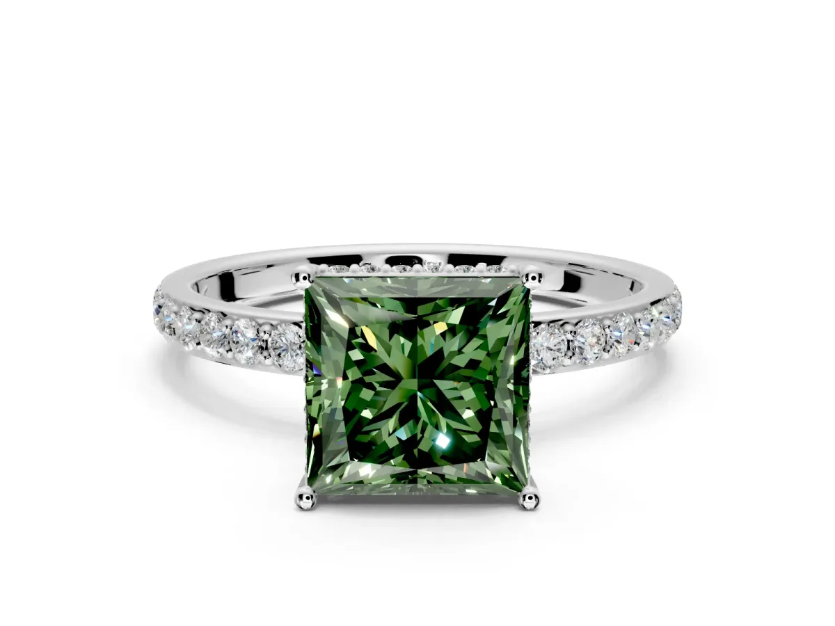 Hidden Halo Engagement Ring Setting for Fancy Green Princess Cut Center with Pave Band and Prong Head in Platinum