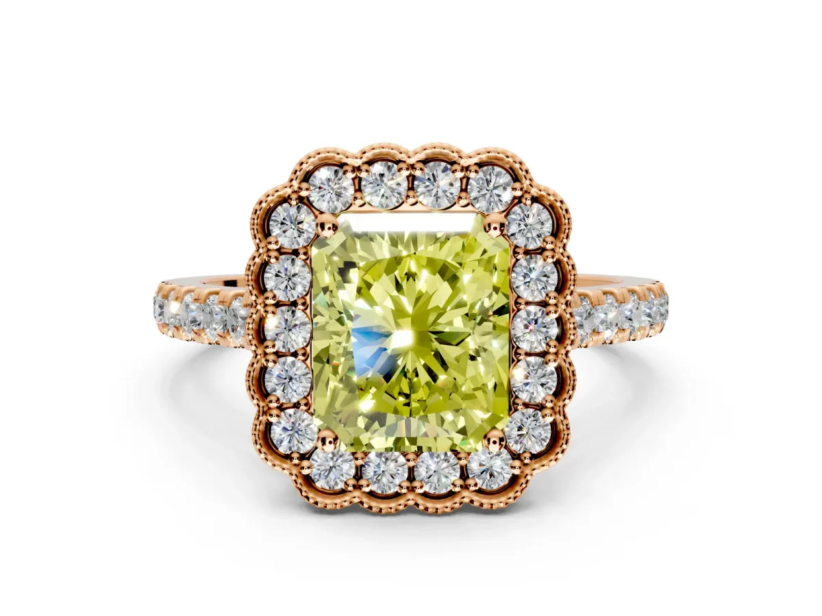 Milgrain Floral Halo Engagement Ring Setting for Fancy Yellow Radiant Cut Center with Pave Band and Prong Head in Rose Gold