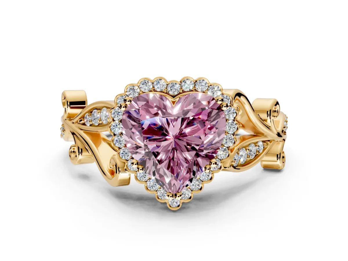 Halo Engagement Ring Setting for Fancy Pink Heart-Shaped Center with Leaf Motif Split Shank and Prong Head in Yellow Gold