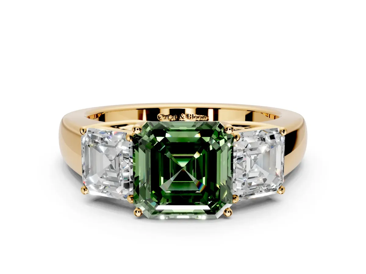 3 Stone Engagement Ring Setting for Fancy Green Asscher Cut Center with Raised Basket Heads and Prong Head in Yellow Gold