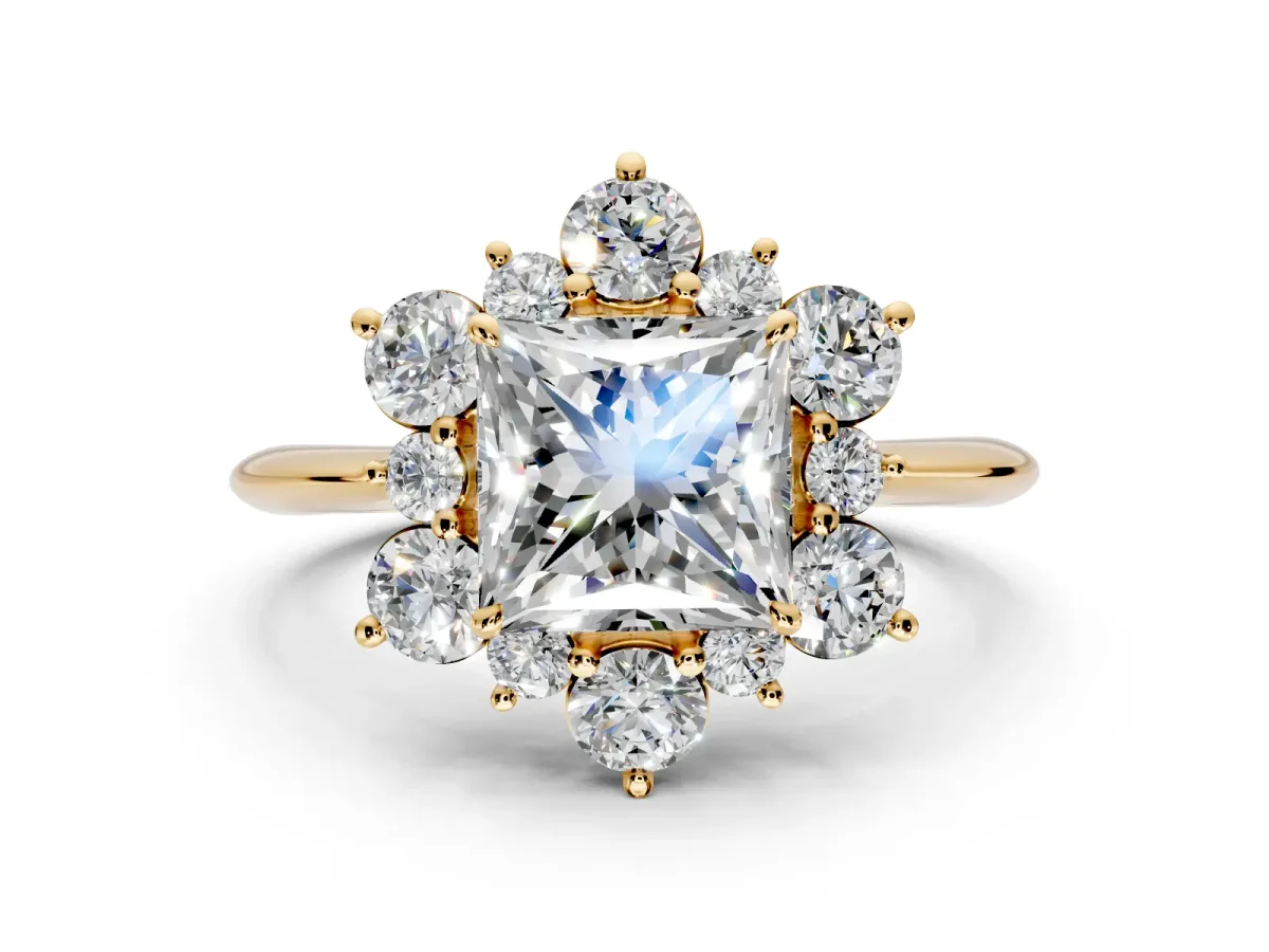 Small-Accent Cluster Halo Engagement Ring Setting for Princess Cut Center with Plain Band and Prong Head in Yellow Gold