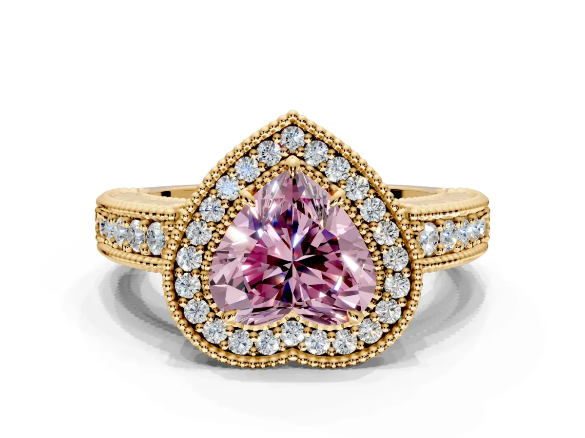 Milgrain Halo Engagement Ring Setting for Fancy Pink Heart-Shaped Center with Pave Band and Prong Head in Yellow Gold