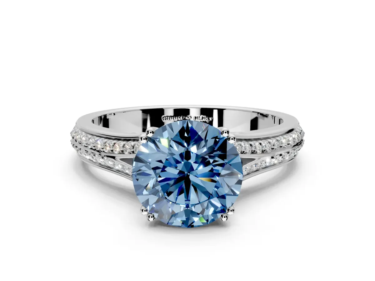 Solitaire Engagement Ring Setting for Fancy Blue Round Cut Center with Pave Rail Split Shank and Prong Head in Platinum