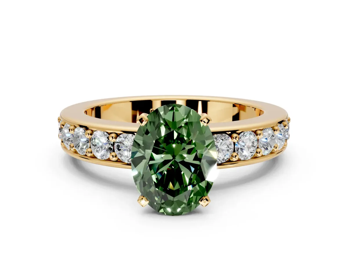 Solitaire Engagement Ring Setting for Fancy Green Oval Center with Channel-Set Accents and Prong Head in Yellow Gold