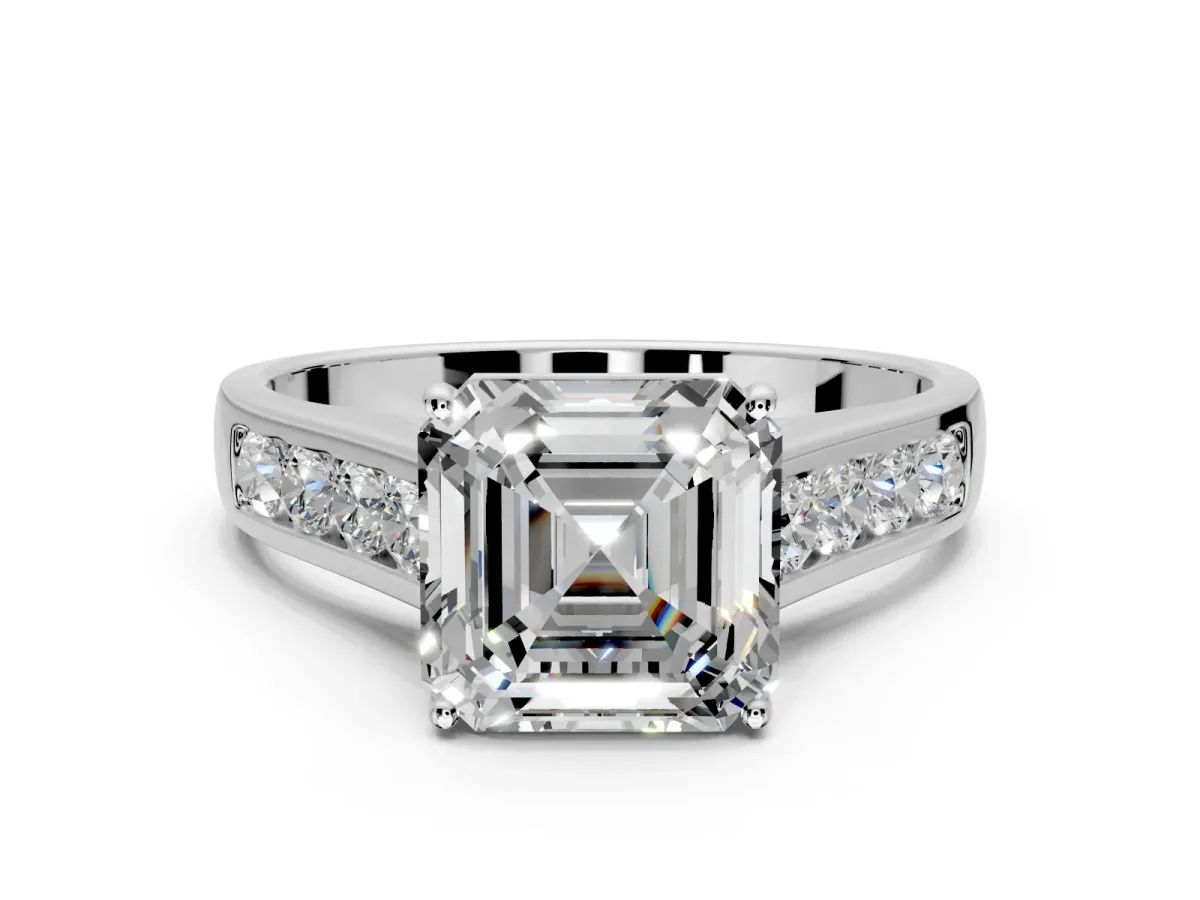 Solitaire Engagement Ring Setting for Asscher Cut Center with Round Cut Channel Band and Prong Head in Platinum