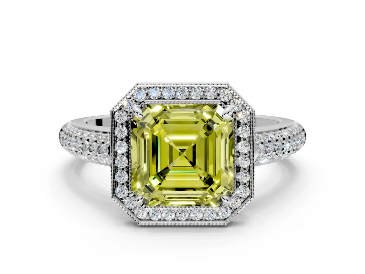 Milgrain Halo Engagement Ring Setting for Fancy Yellow Asscher Cut Center with Three-Sided Pave Band and Prong Head in White Gold