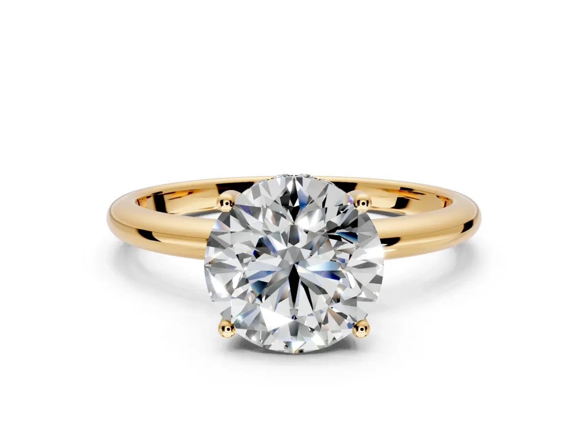 Hidden Halo Engagement Ring Setting for Round Cut Center with Thin Round-Wire Band and Prong Head in Yellow Gold