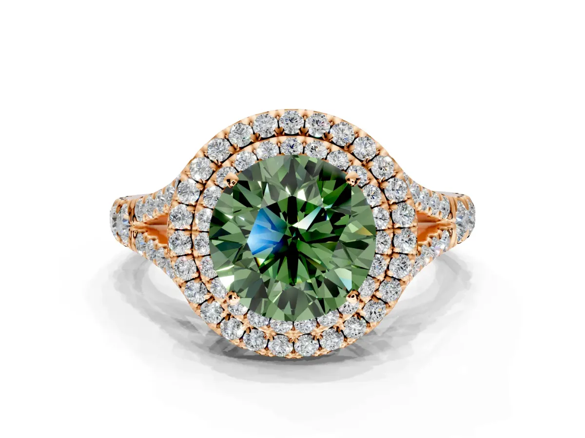 Double Halo Engagement Ring Setting for Fancy Green Round Cut Center with Narrow Pave Split Shank and Prong Head in Rose Gold