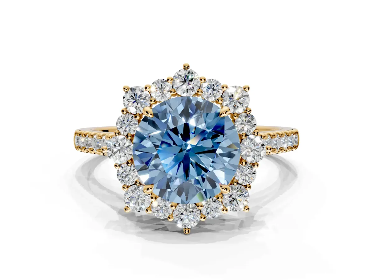 Halo Engagement Ring Setting for Fancy Blue Round Cut Center with Single-Row Pave, Open Basket and Prong Head in Yellow Gold