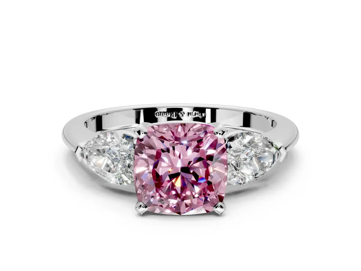 3 Stone Engagement Ring Setting for Fancy Pink Cushion Cut Center with Large Pear-Shaped Accents and Prong Head in Sterling Silver