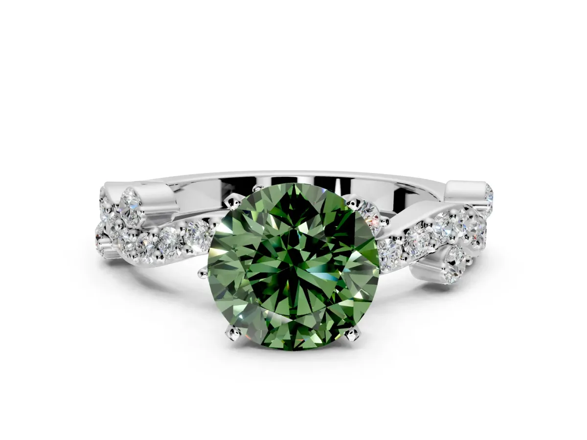 Solitaire Engagement Ring Setting for Fancy Green Round Cut Center with Bar-Station Pave Twist and Prong Head in White Gold