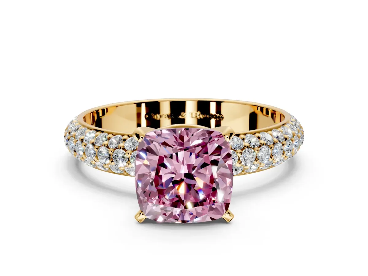 Solitaire Engagement Ring Setting for Fancy Pink Cushion Cut Center with Domed Multi-Row Pave Band and Prong Head in Yellow Gold