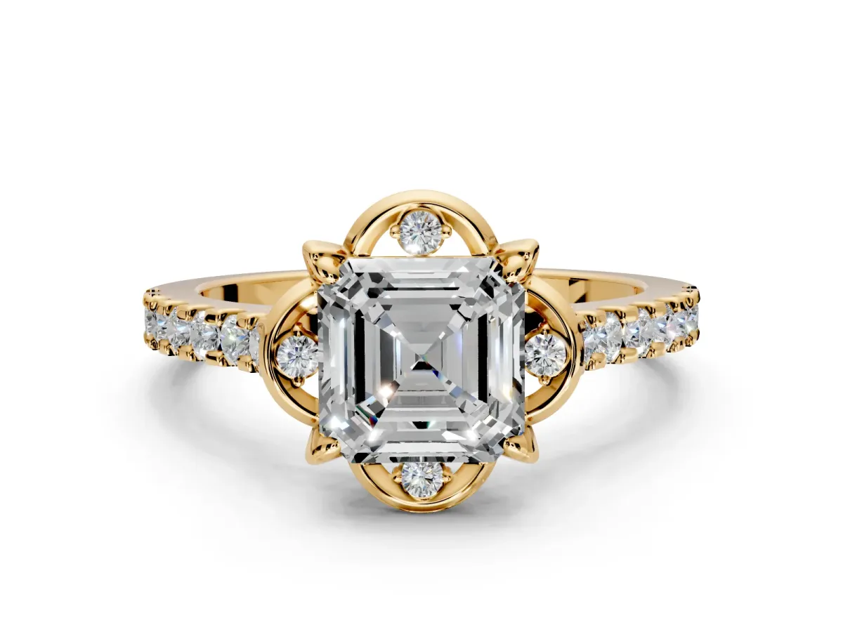 Floral Engagement Ring Setting for Asscher Cut Center with Pave Band and Floral Prong Head in Yellow Gold