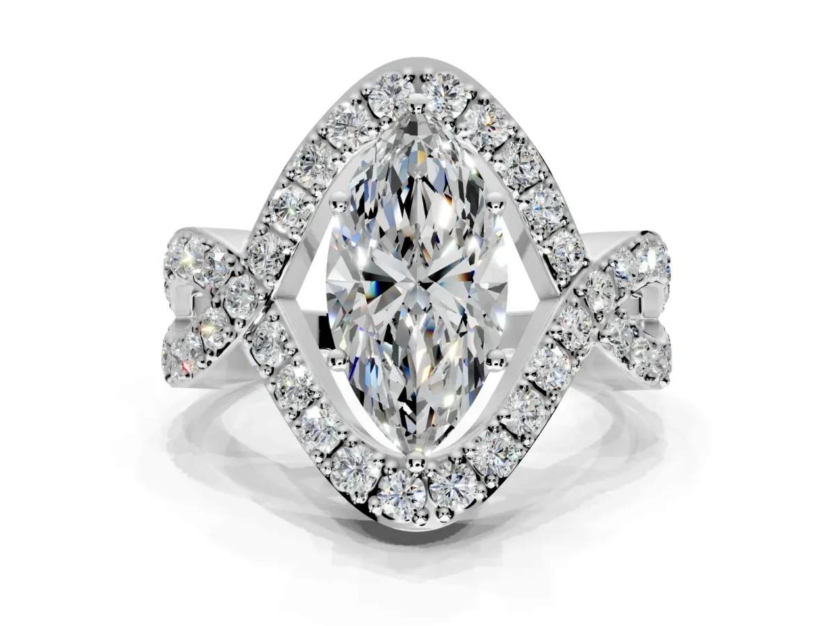 Halo Engagement Ring Setting for Marquise Center with Pave Infinity Twist Band and Prong Head in White Gold